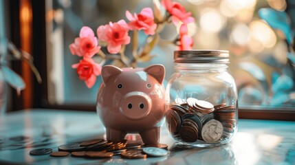 Obraz premium Savings Jar and Piggy Bank on a Sunny Tabletop