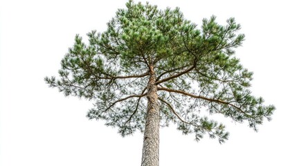 High-definition shot of a tall pine tree, isolated from background, with sharp details of its bark and needles