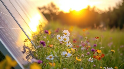 Obraz premium Close-up of a solar panel reflecting sunlight amidst a field of wildflowers, emphasizing green technology