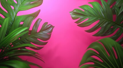 Tropical Green Leaves on Pink Background   Minimalist Summer Nature Design