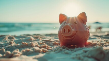 Cute Piggy Bank on Sandy Beach with Sunlight