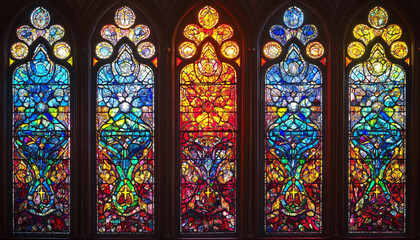 A vibrant stained glass design with intricate patterns and rich colors, resembling classic church or cathedral windows