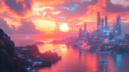 Naklejka premium A futuristic coastal city bathed in the warm glow of a setting sun. Skyscrapers adorned with neon lights rise above the water, while flying vehicles soar through the sky.