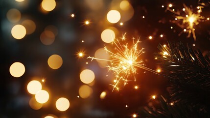 Fototapeta premium 2025, New Year, close-up of sparklers glowing brightly bokeh lights in the background