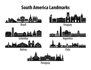 set of South America famous landmark silhouette style,vector illustration