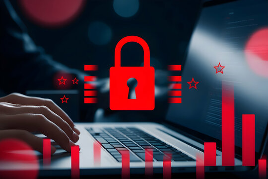 concept with code The image depicts a person typing on a laptop with a glowing red padlock hovering above the keyboard. This suggests a focus on cybersecurity and data protection.