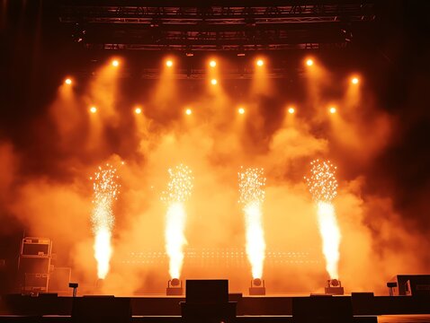 An LED screen on a rock concert stage glows brightly The light spreads within the smoke on stage Fire ball pyro is going off Photoreslistic