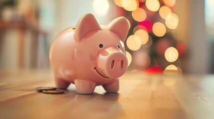 Cute Piggy Bank Surrounded by Holiday Lights