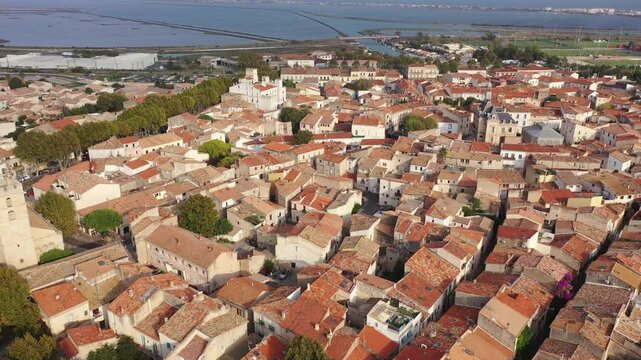 Bird's eye view of Frontignan, south France. Residential buildings and town hall visible from above.