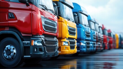 Naklejka premium Fleet of trucks parked, isolated on a white background, showcasing a minimalistic transportation concept. Ideal for logistics, shipping, and transport industry visuals.