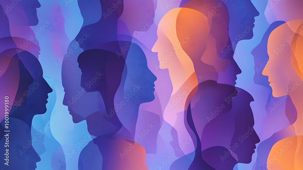 Poster Abstract background of colorful overlapping silhouettes of people in profile, symbolizing unity, diversity, and community.