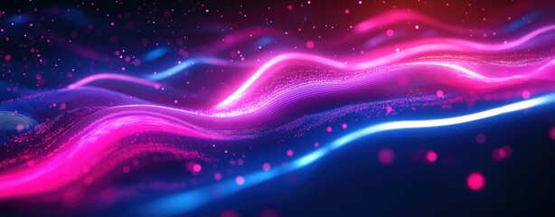 Obraz premium Data transfer, neon pink and blue wave lines flow rapidly across a dark futuristic background