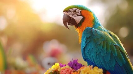 Parrot with vibrant feathers, painted like a sugar skull, perched on a Day of the Dead altar surrounded by flowers