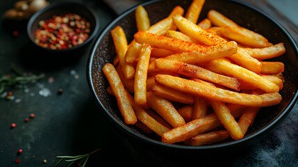 Crispy Fries in a Pan with Spices and Oil on a Dark Background, Highlighting Comfort Food with a Rich, Flavorful Atmosphere
