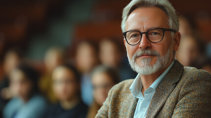 A man with glasses and a beard is sitting in a crowd of people