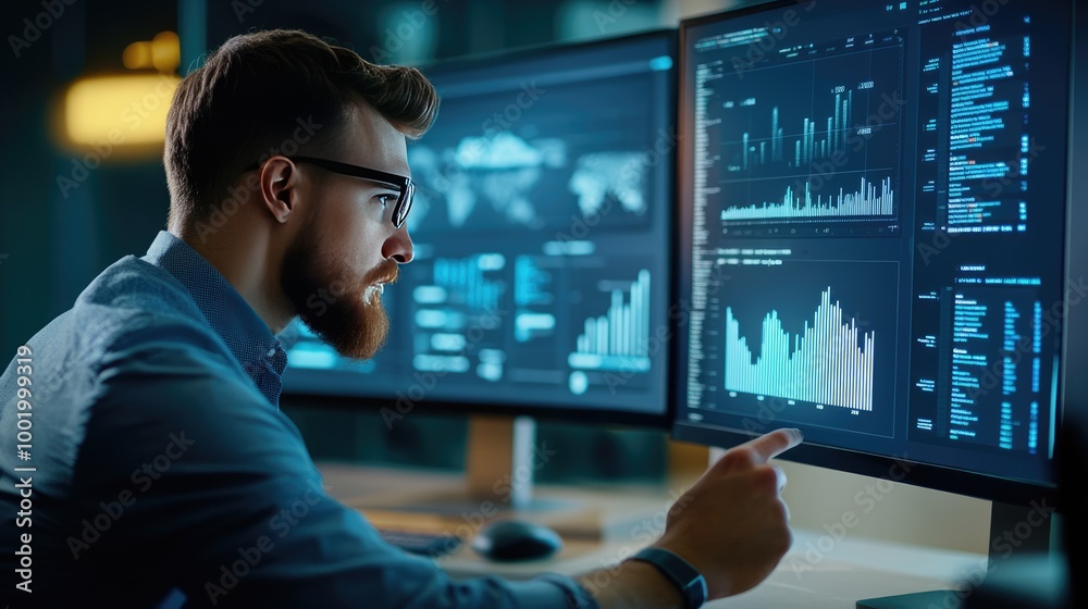 Wall mural digital marketing specialist evaluating performance metrics and adjusting strategies in a high-tech 