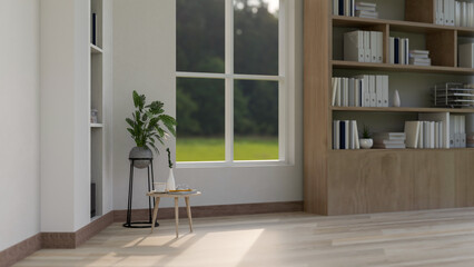 An indoor corner in a contemporary minimalist home corridor featuring home decor.