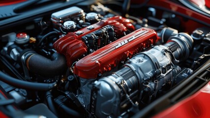 Hyper-realistic racing sport car engine, perfect for background or wallpaper. Detailed automotive design, sleek mechanics, power, performance, and copy space for customization.