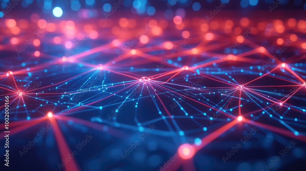 Poster digital nodes and connections forming a futuristic pattern, illustrating the complexity of modern te