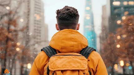 Obraz premium Man in Yellow Jacket Walking in Snowy City