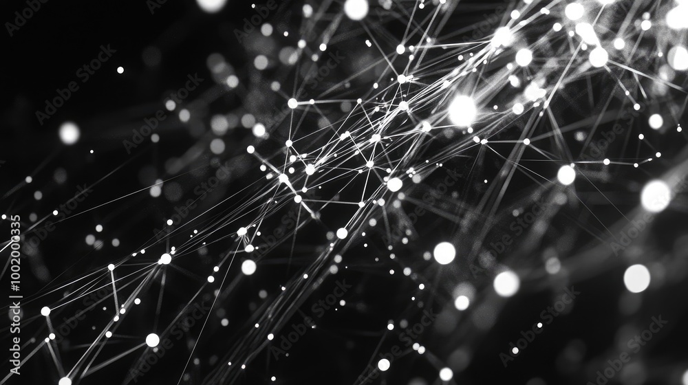 Poster digital nodes and lines forming a complex network, emphasizing the interconnected nature of technolo