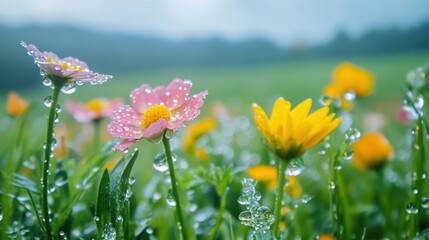 Obraz premium Blooming flowers covered in water droplets, with a lush field stretching out behind, offering space for text.