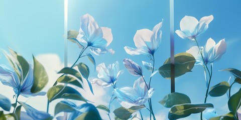 Delicate white flowers bloom against a vibrant blue sky, creating a serene and dreamy atmosphere.