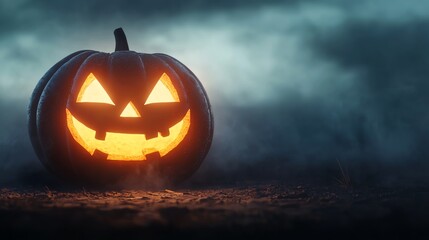 Naklejka premium Smiling pumpkin with eerie background