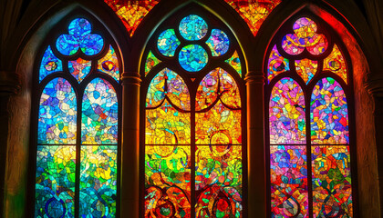 Obraz premium A vibrant stained glass design with intricate patterns and rich colors, resembling classic church or cathedral windows