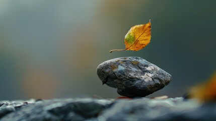 Obraz premium Balanced Leaf on a Stone in Soft Focus Background