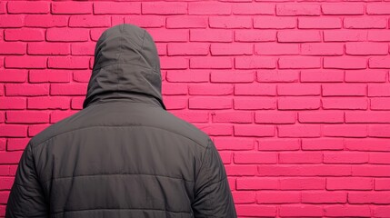Naklejka premium Mysterious Person in Black Hoodie Facing Pink Brick Wall