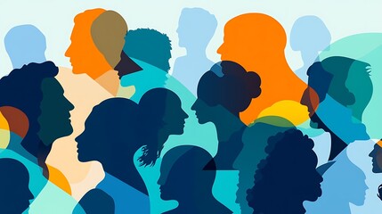Diverse silhouettes of people in a crowd, symbolizing unity, community, and inclusion.