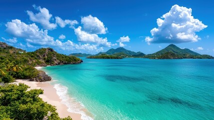 Fototapeta premium Tropical Beach Paradise with Crystal Clear Water and Lush Green Mountains