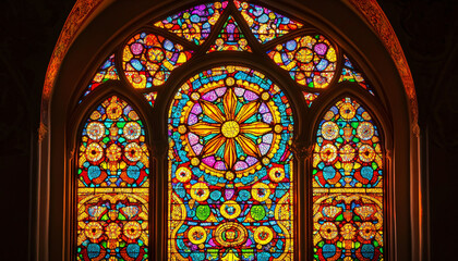 Fototapeta premium A vibrant stained glass design with intricate patterns and rich colors, resembling classic church or cathedral windows