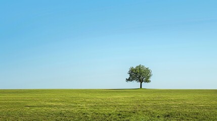 Obraz premium Isolated Tree on Green Grass Under a Clear Sky