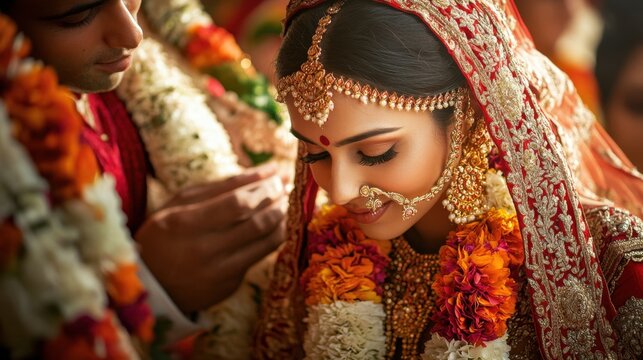 Bride and groom exchanging garlands during the Jaimala ceremony, capturing a key moment in traditional Indian weddings.