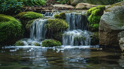 Serene Waterfall with Mossy Stones in Nature