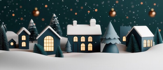 Obraz premium Christmas village with glowing windows, snow falling, and cheerful decorations, 3D illustration
