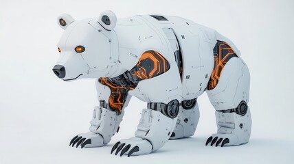 Futuristic robotic bear, biomechanical design, glowing circuits, snowy scifi landscape