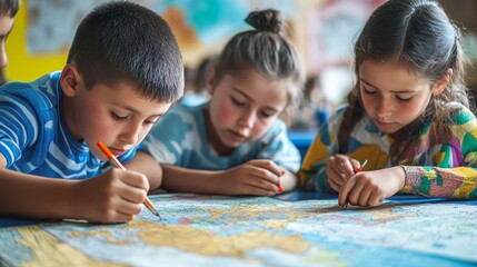 Young Kazakh Students Engaged in Geography Lesson, Drawing Maps in Classroom Activity