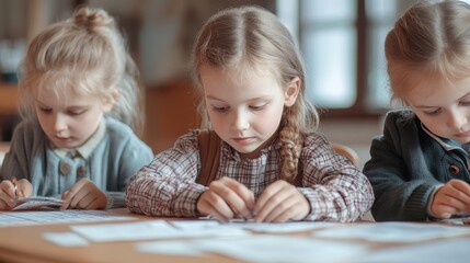 Fototapeta premium Young Finnish students engaged in solving mathematical puzzles in classroom setting