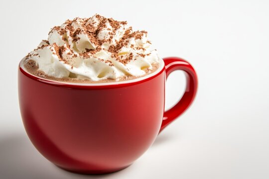 A steaming cup of hot chocolate with whipped cream in a festive red mug on white background