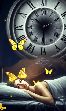 Insomnie : une femme allong&eacute;e dans son lit voit les minutes d&eacute;filer comme les aiguilles d'une horloge et laisse ses pens&eacute;es se disperser en une nu&eacute;e de papillons