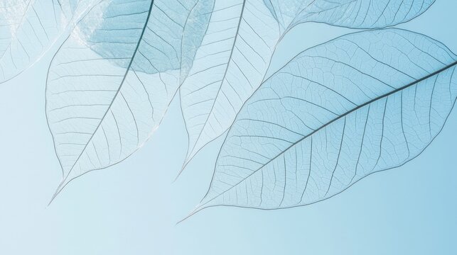 Close-up view of delicate transparent leaves with intricate veins and a cool blue background creating a calming natural scene