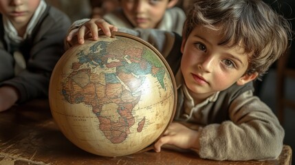 Young French students exploring geography using a globe in classroom setting
