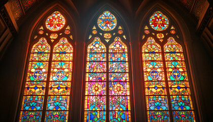 A vibrant stained glass design with intricate patterns and rich colors, resembling classic church or cathedral windows