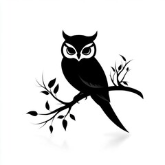 Fototapeta premium Stylized black owl perched on a branch, featuring intricate leaf details, perfect for nature-inspired designs and artwork.