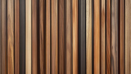 Obraz premium Wooden wall made of vertical panels. Line slats made of wood for a modern interior. Timber planks for cladding facades or fences. Material for cladding in construction. 