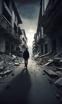 Homme de dos marchant dans une rue parmi des immeubles en ruine et effondr&eacute;s, apr&egrave;s une catastrophe naturelle, une guerre ou une explosion