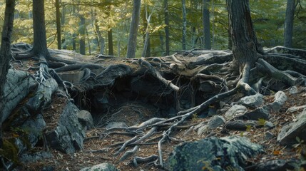 Obraz premium Forest Scene with Exposed Roots and Rocky Ground